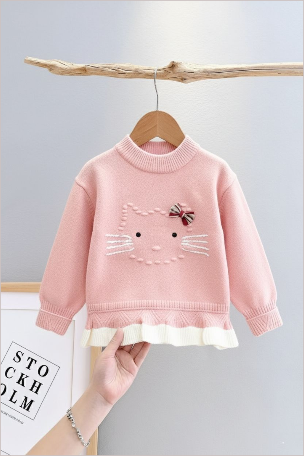 Cute Kitty Knit Sweater for Girls – Baby Pink Bow Design