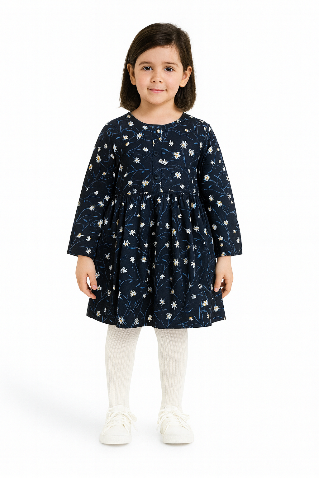Girls’ Navy Blue Daisy Print Frock – Long Sleeve Dress 🌼 127