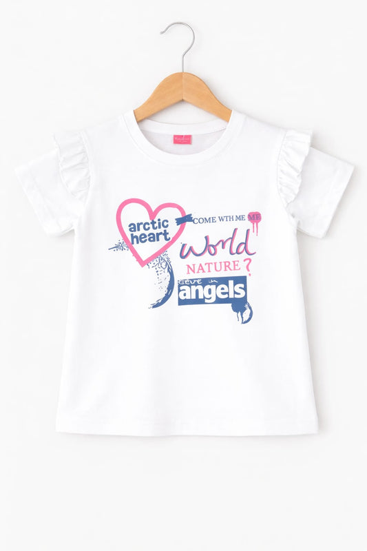 Heart[World Nature angels ] printed white T-Shirt Girls  110
