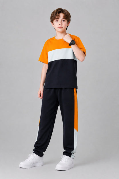 Orange & White Navy Activewear Boys T-Shirt & Trouser