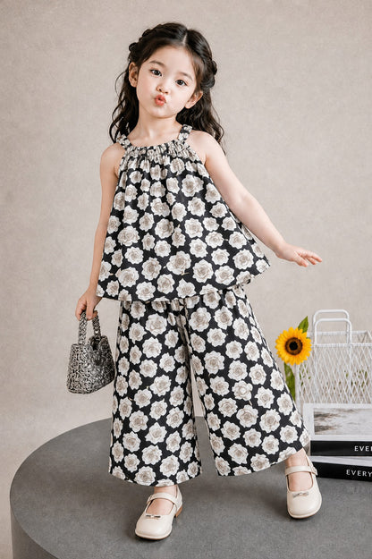 Elegant Blooms Printed Black Floral Top & Wide-Leg Pants Set 272