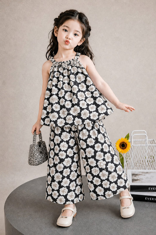 Elegant Blooms Printed Black Floral Top & Wide-Leg Pants Set 272