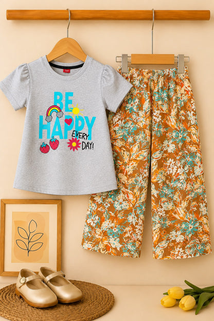 Be Happy Printed Grey  Girls T-shirt & Cotton Flapper