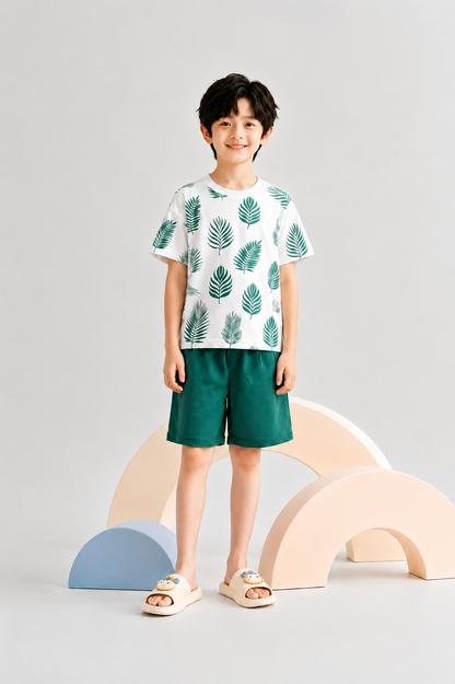 14 August Green Leaves Printed White & Green Cotton Boys Nicker