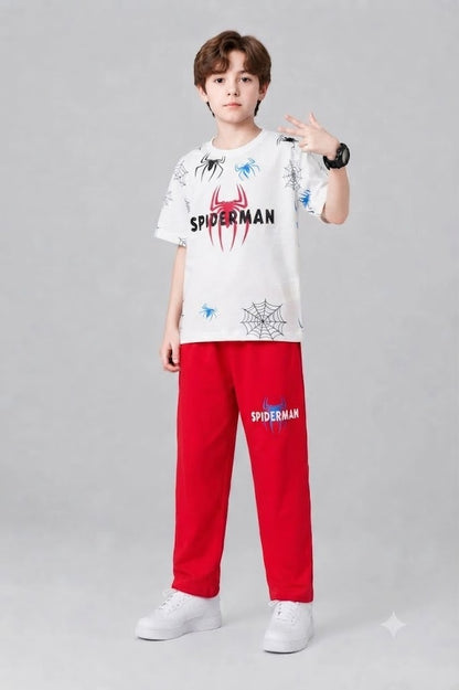 Spider Printed White & Red   Boys T-Shirt & Trouser