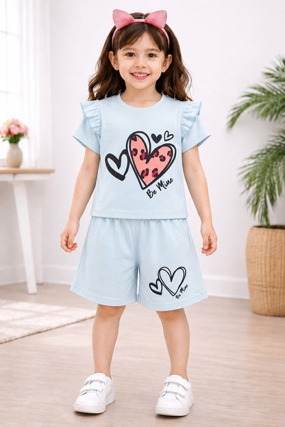 Heart Printed Light Blue Girls Nicker Suit