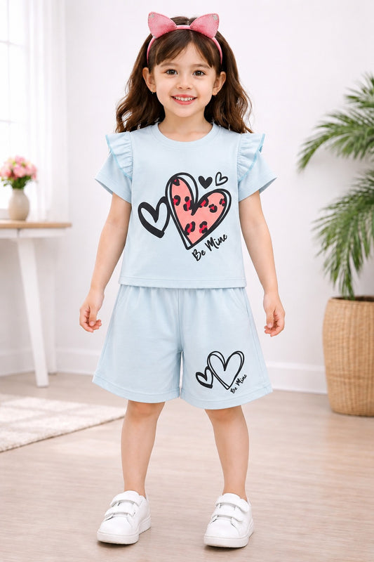 Heart Printed Light Blue Girls Nicker Suit