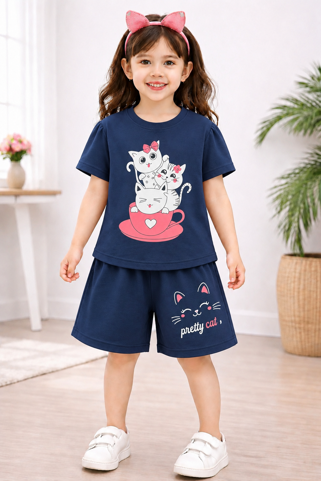 White Cats Printed Navy Girls Nicker Suit 110