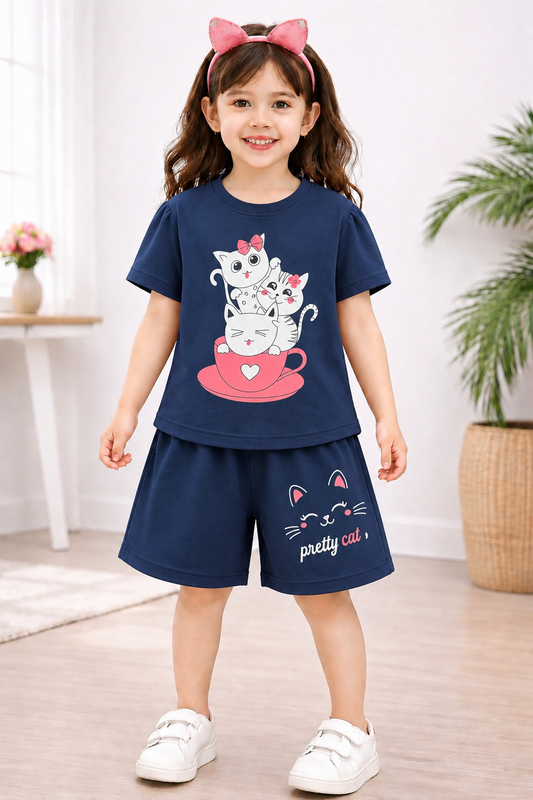White Cats Printed Navy Girls Nicker Suit 110