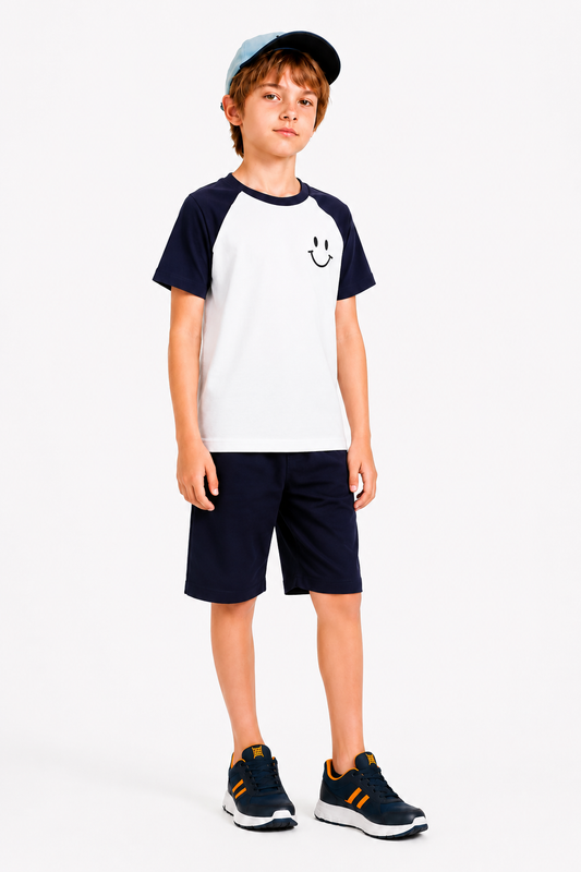 Smile Logo Printed Navy & white Boys  Nicker Suit 121