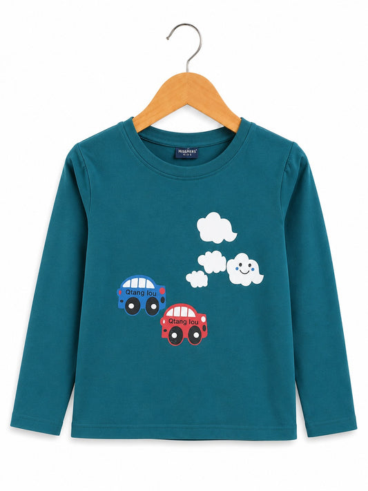 Cars With Cloud Printed Green Boys Shirt 726