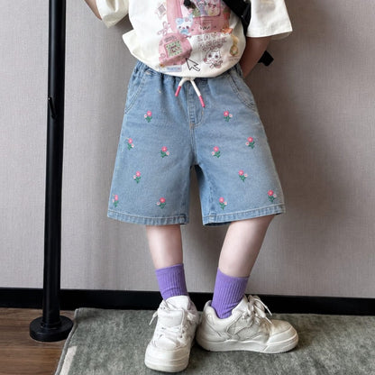 All Over Embroidery Light Blue Girls Short