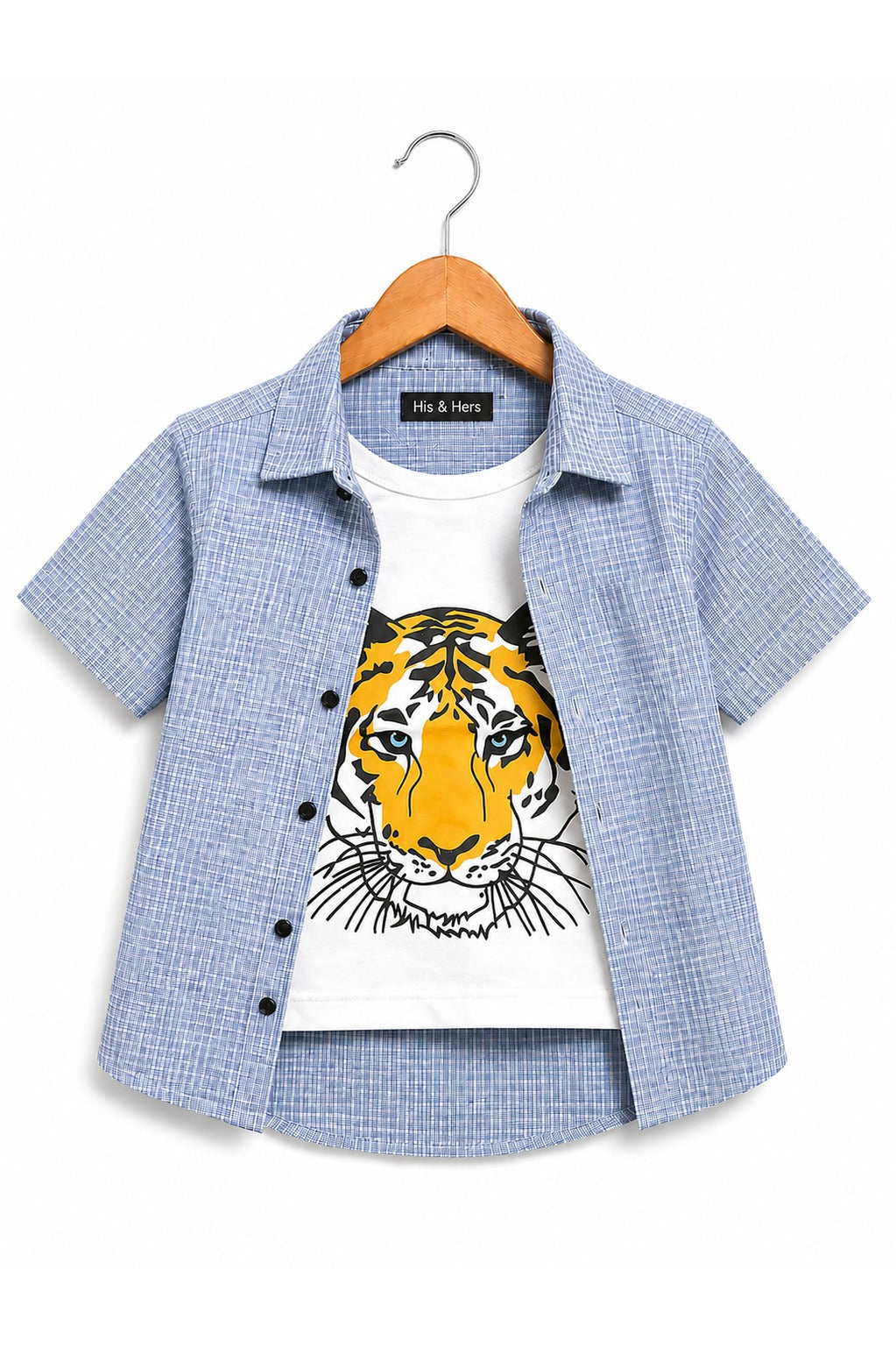 Light Blue Checked Tiger Printed Layered Casual Shirt