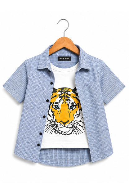 Light Blue Checked Tiger Printed Layered Casual Shirt