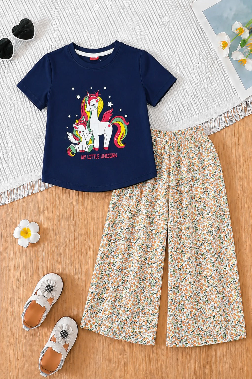 [Unicorn Blossom] Printed Navy  Girls  T-shirt & Cotton Flapper