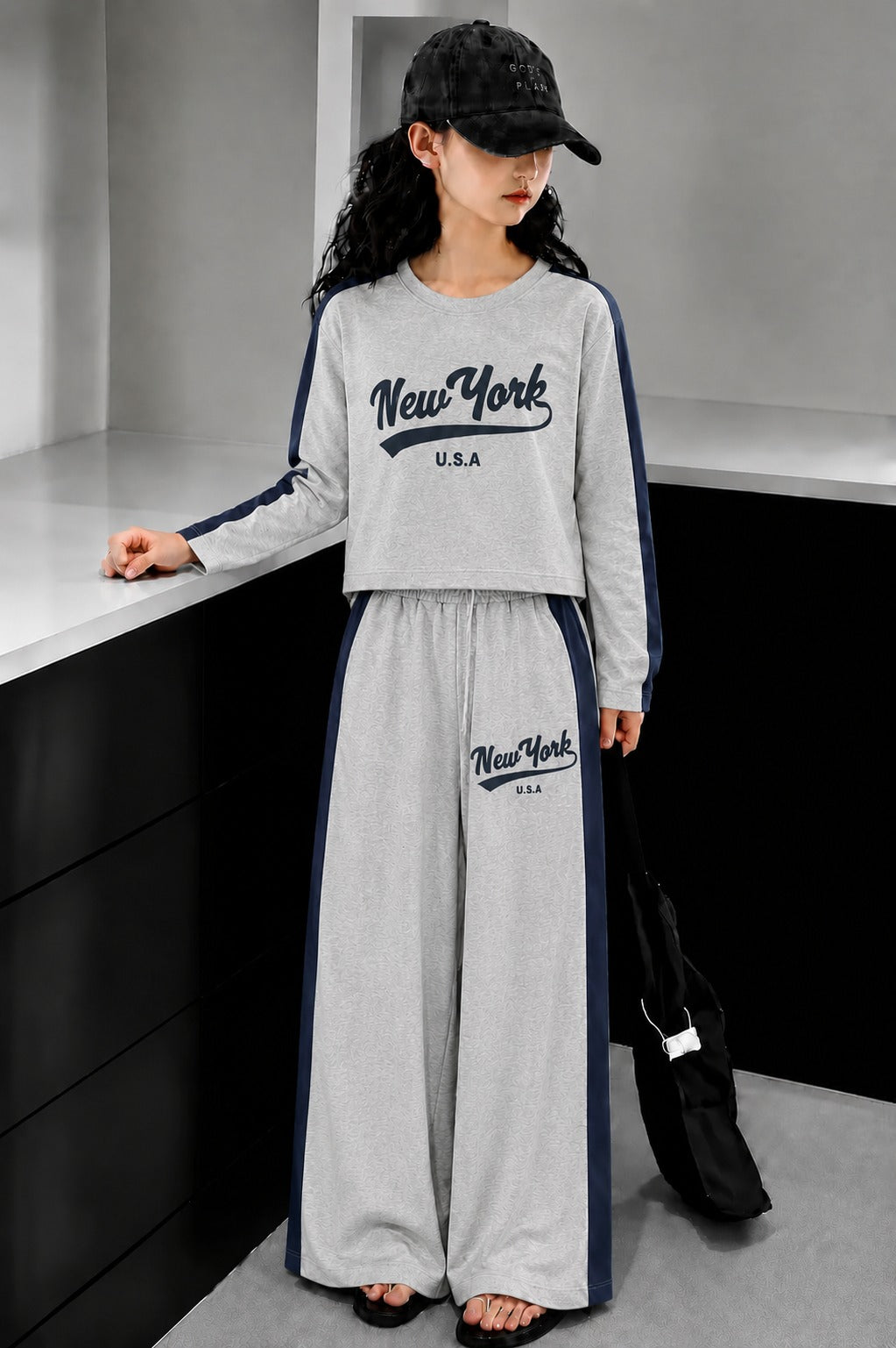 [New York ] Printed Grey Terry  T-Shirt & Trouser