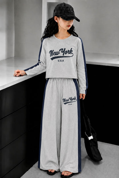 [New York ] Printed Grey Terry  T-Shirt & Trouser