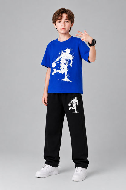 Basketball Vibe Printed Dark Blue  Boys T-Shirt & Trouser