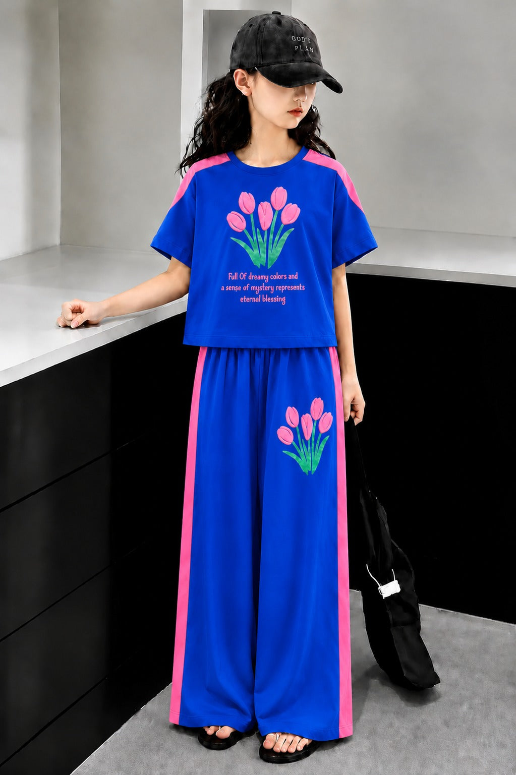Flowers Printed Royal Blue   Half Selves Baggy Track Suit Girls 517