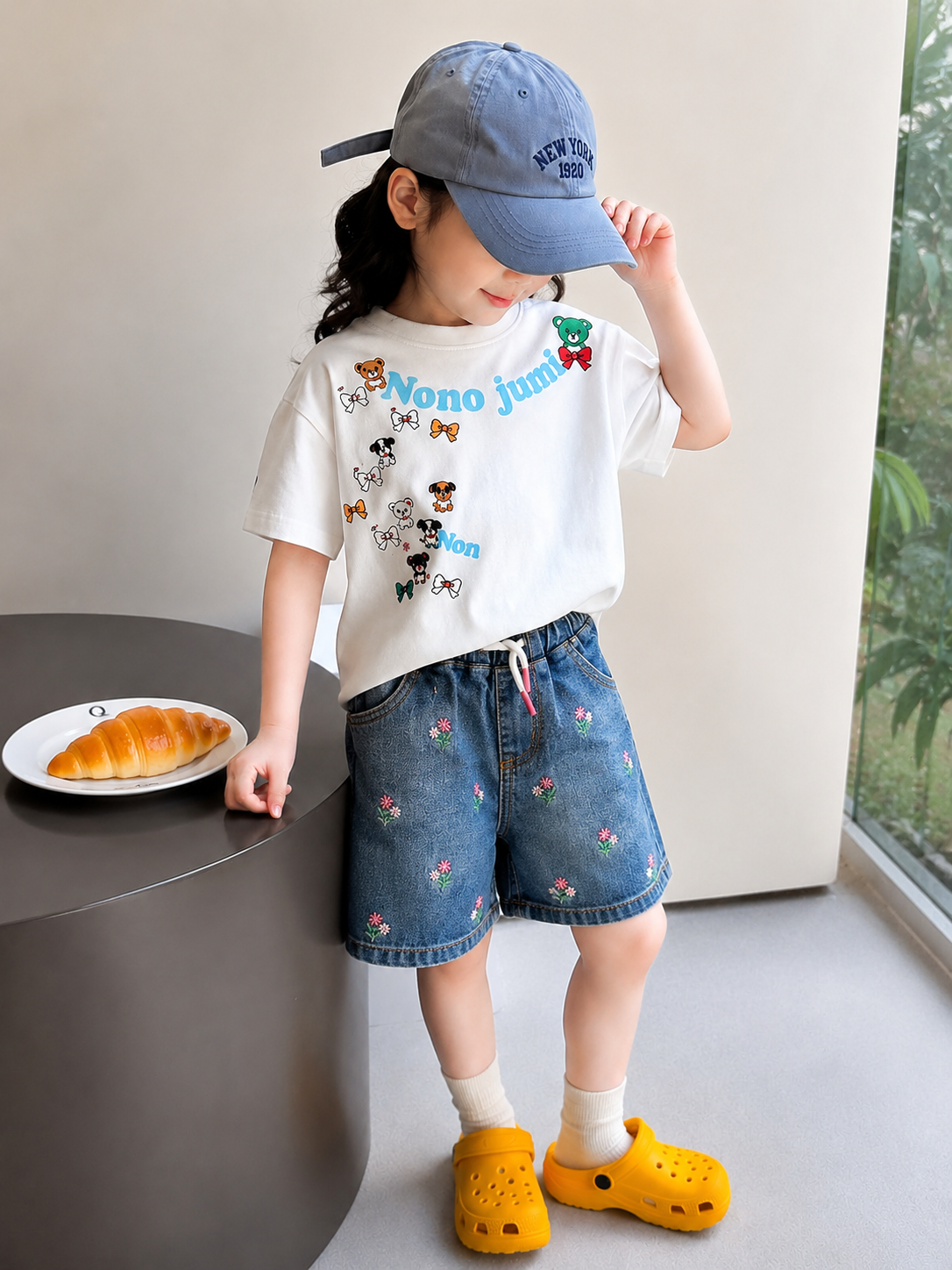 All Over Embroidery Mid  Blue Girls Short