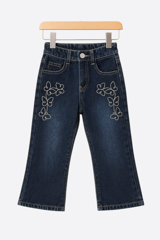 Kids Butterfly Embroidered Denim Bootcut Jeans – Deep Blue 133