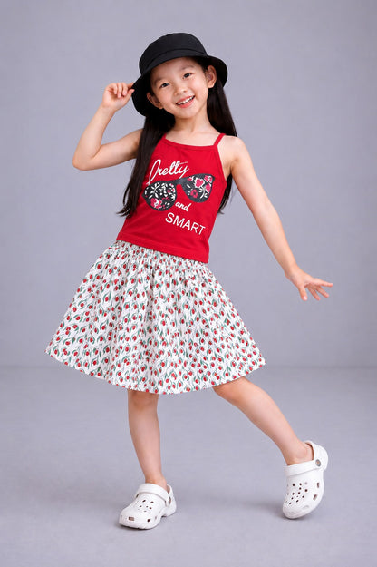 [Pretty and Smart ] Printed Red Girls Top & Skirt 300