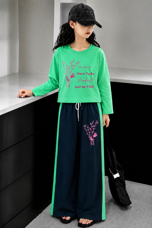 [You Don't  Have To Be Perfect ] Printed Light Green  Full Selves Baggy Track Suit Girls 741