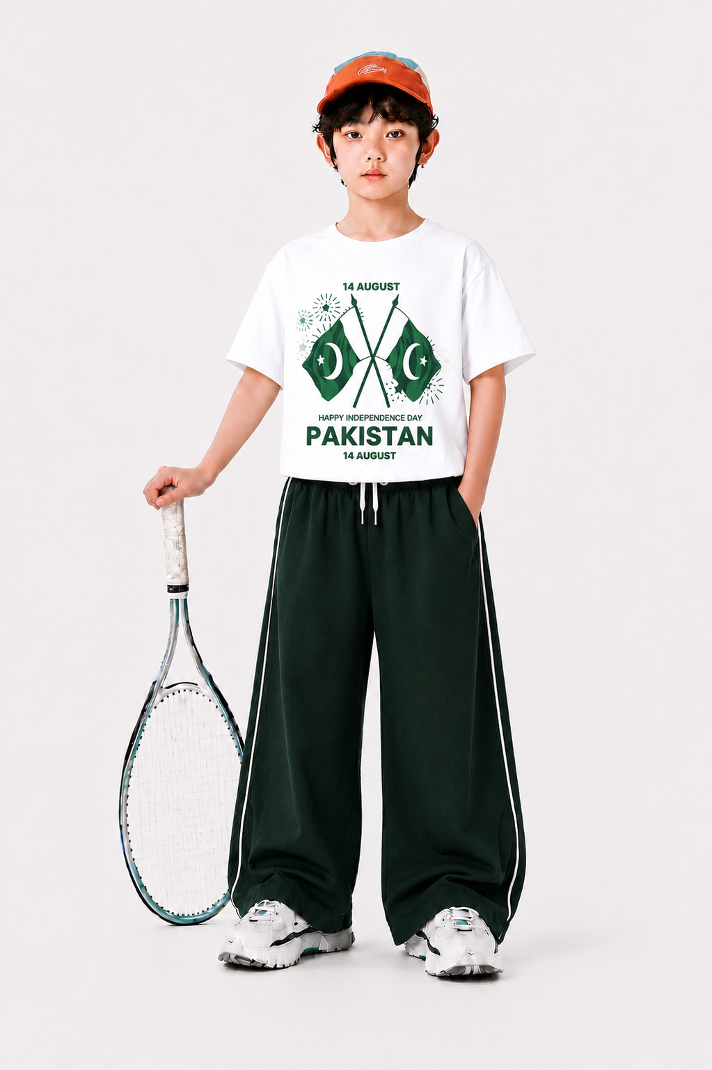14 August Flag Printed White & Green Half Selves Baggy Track Suit Girls