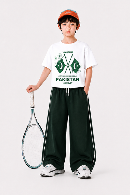 14 August Flag Printed White & Green Half Selves Baggy Track Suit Girls