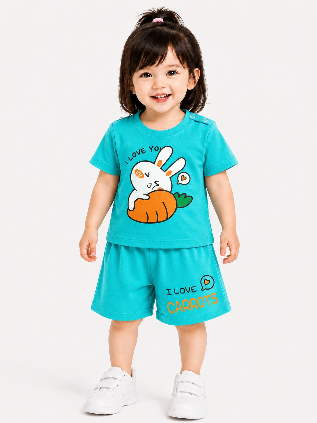 Bunny With Carrot Printed Blue Girls Nicker Suit
