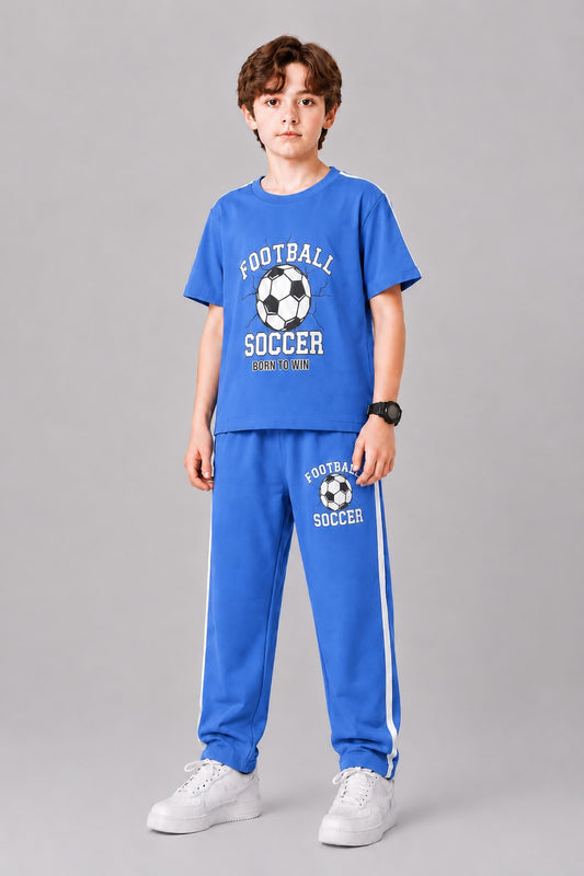 Football Printed Royal Blue  Boys T-Shirt & Trouser