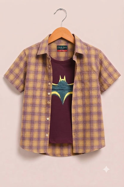 Brown  Checked Bat Printed Layered Casual Shirt