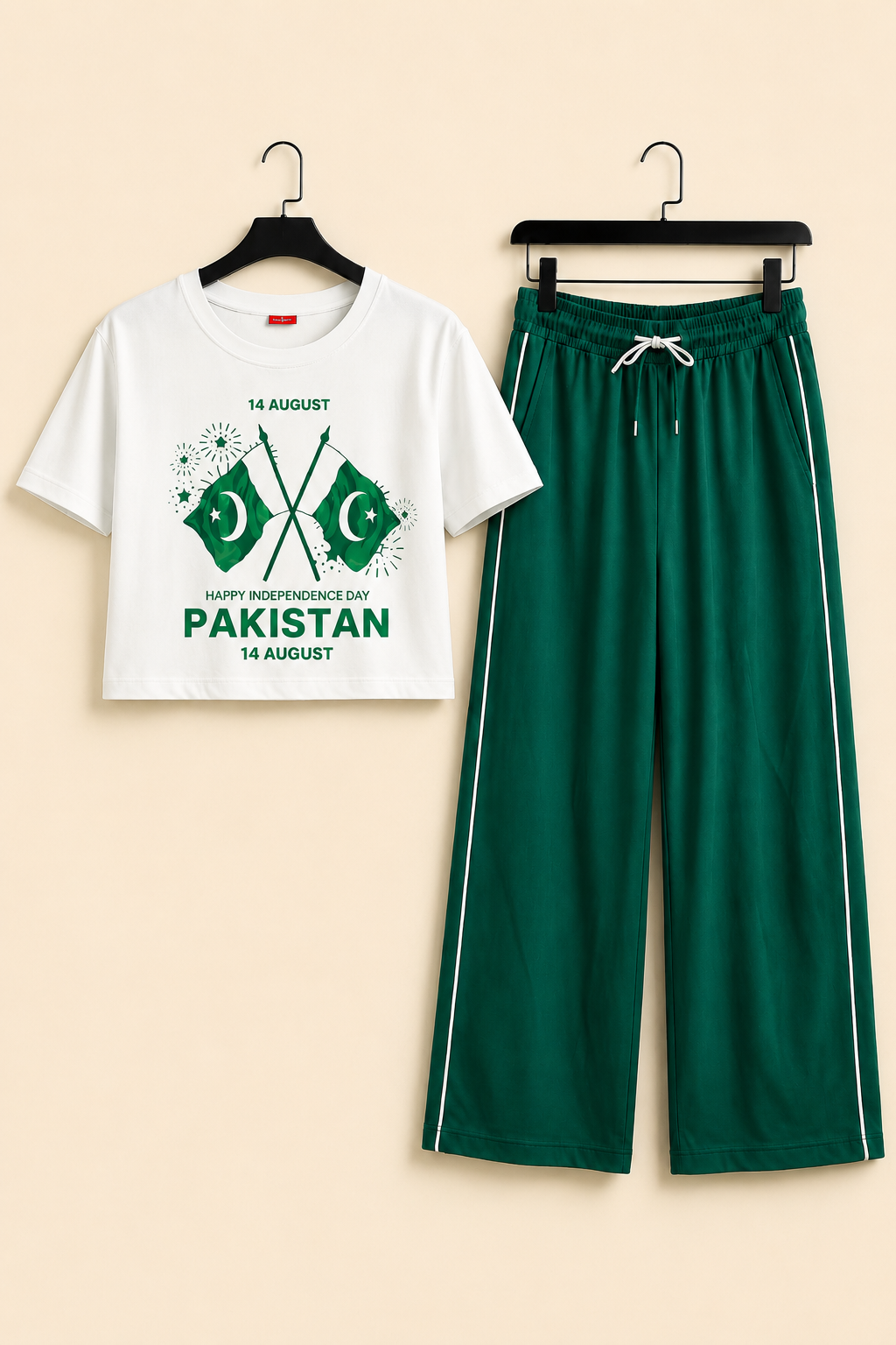 14 August Flag Printed White & Green Half Selves Baggy Track Suit 610