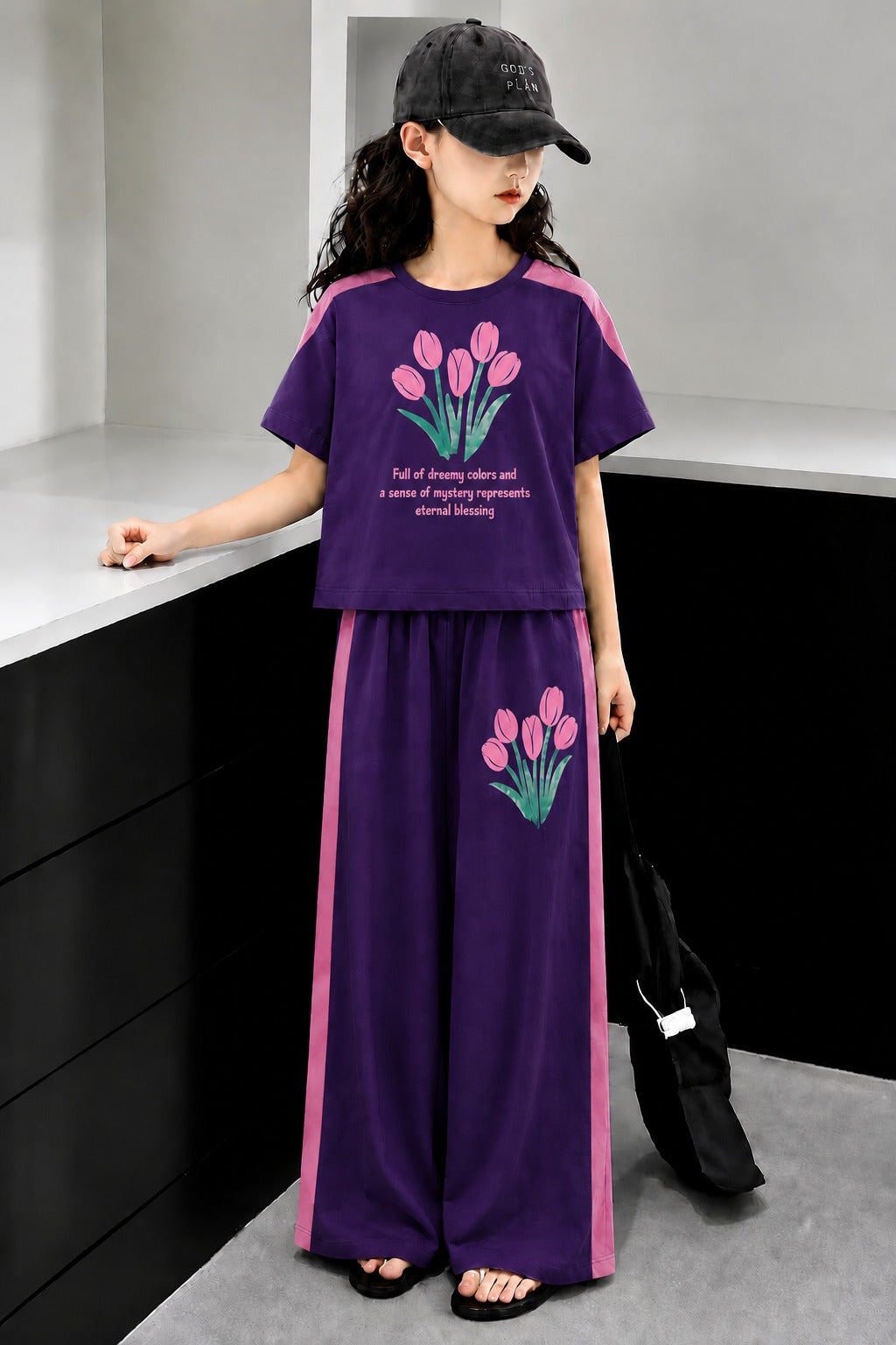 Flowers Printed Purple Half Selves Baggy Track Suit Girls 517