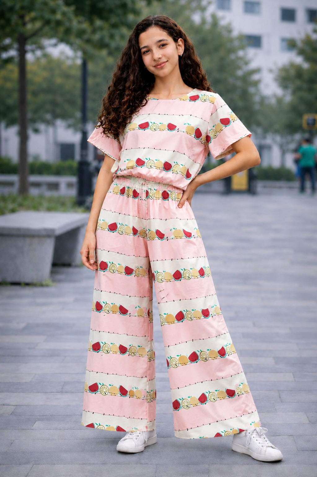 Fruits Printed Pink & White  Cotton Girls Co-Ord Set