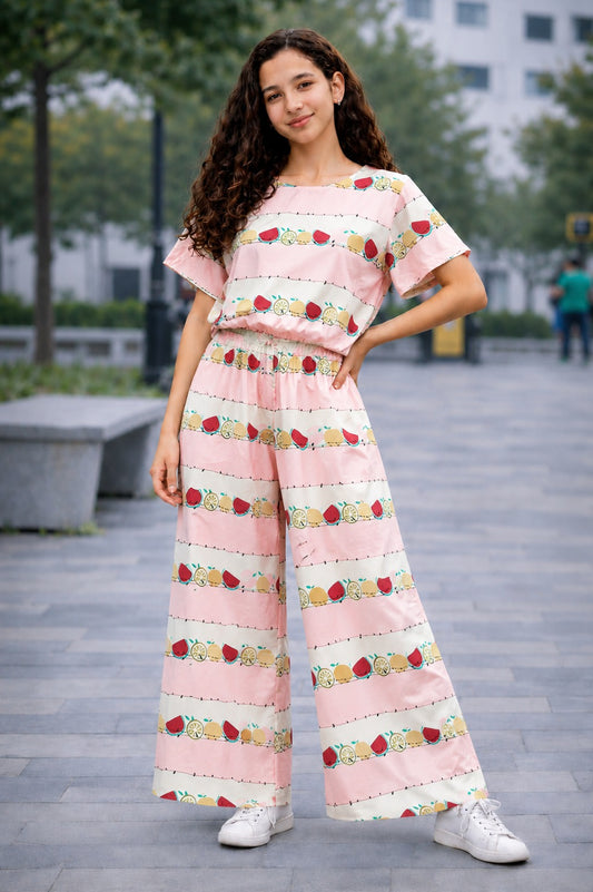 Fruits Printed Pink & White  Cotton Girls Co-Ord Set