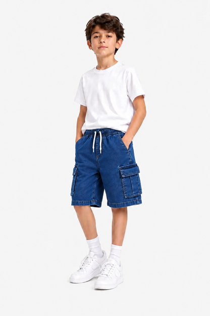 6 Pocket Cargo Denim  Boys Shorts -Mid Blue  Color 273
