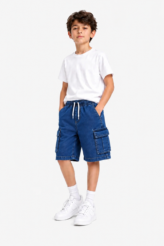6 Pocket Cargo Denim  Boys Shorts -Mid Blue  Color 273