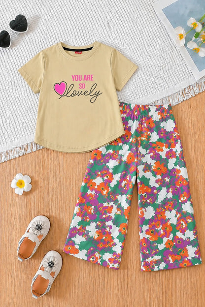 [You Are So Lovely ] Printed Light Brown  T-shirt & Cotton Flapper