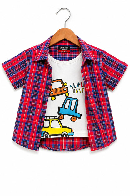 Cars Printed Navy Checked Boys Layered Casual Shirt