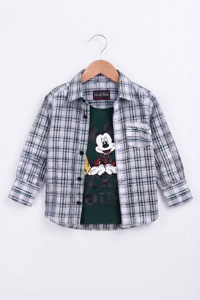 Green & Black Checked Mickey Mouse Printed Layered Casual Shirt