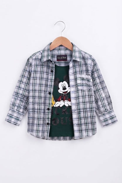 Green & Black Checked Mickey Mouse Printed Layered Casual Shirt