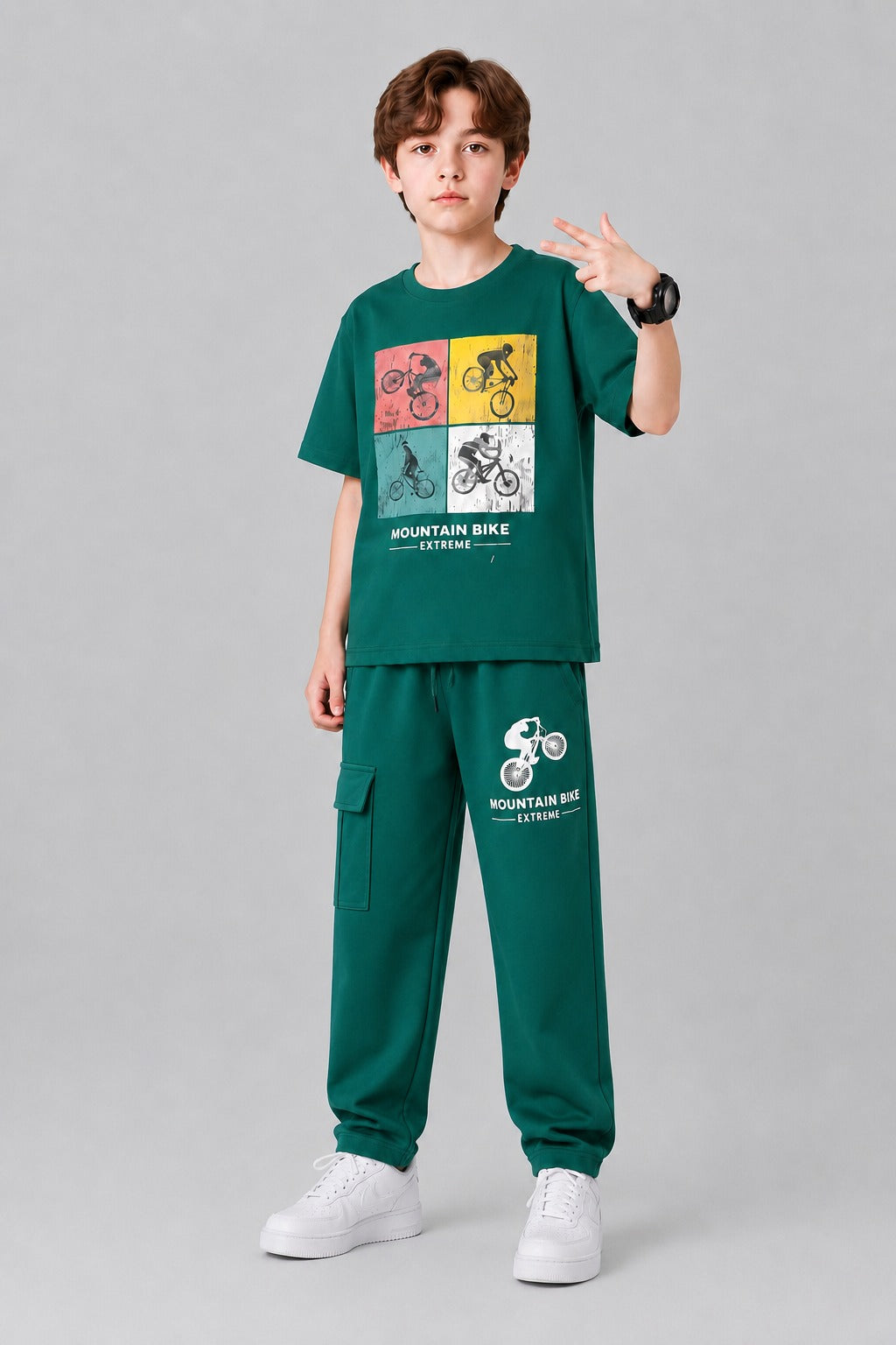 [Mountain Bike ]Printed Green  Boys T-Shirt & Trouser 246