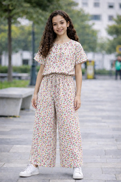 Pink & Green  Blooms Printed White Cotton Girls Co-Ord Set