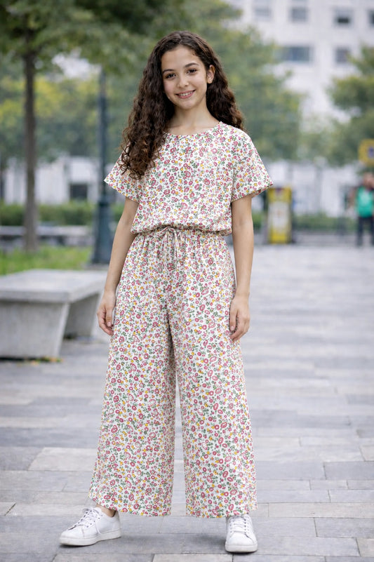Pink & Green  Blooms Printed White Cotton Girls Co-Ord Set