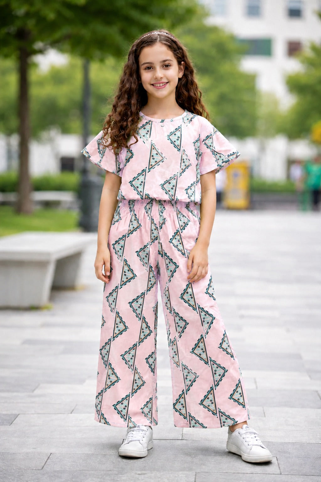 Triangle Printed Pink Cotton Girls Co-Ord Set