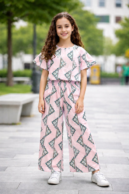 Triangle Printed Pink Cotton Girls Co-Ord Set