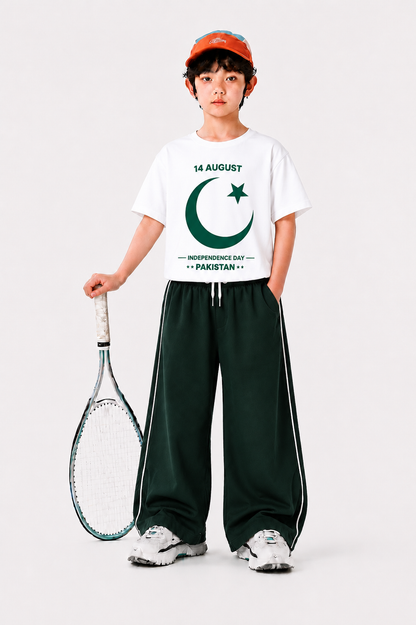 14 August Moon & Star  Printed White & Green Half Selves Baggy Track Suit Girls