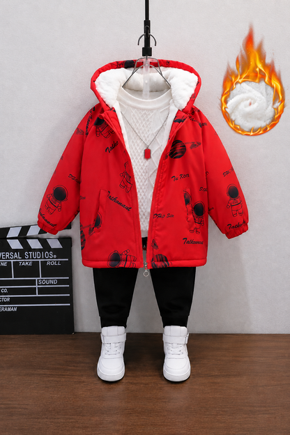 Astronaut Print  Puffer Jacket -Red