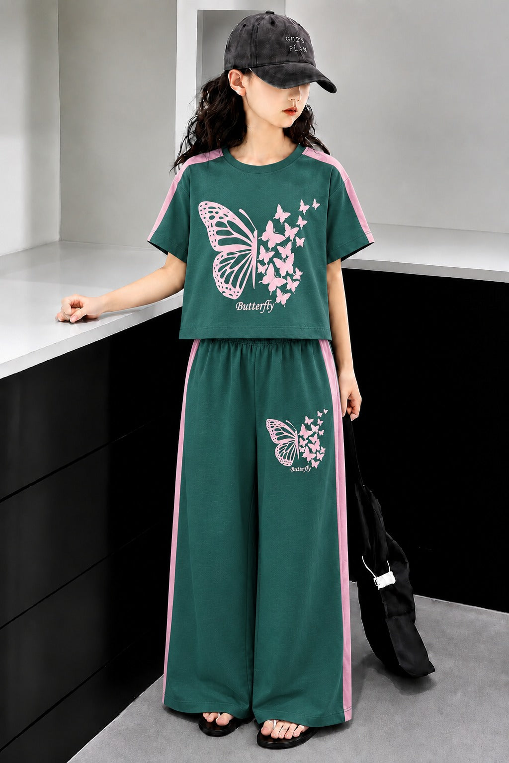 Butterfly Printed Green & Pink Half Selves Baggy Track Suit Girls